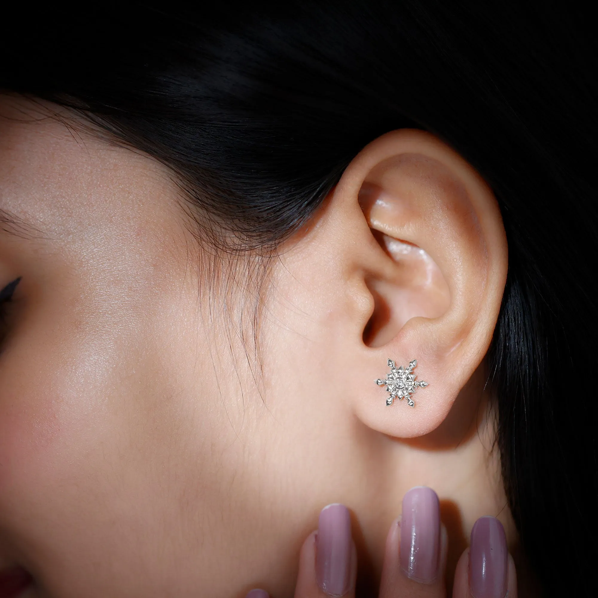 Snowflake Stud Earrings with Bezel Set Diamond