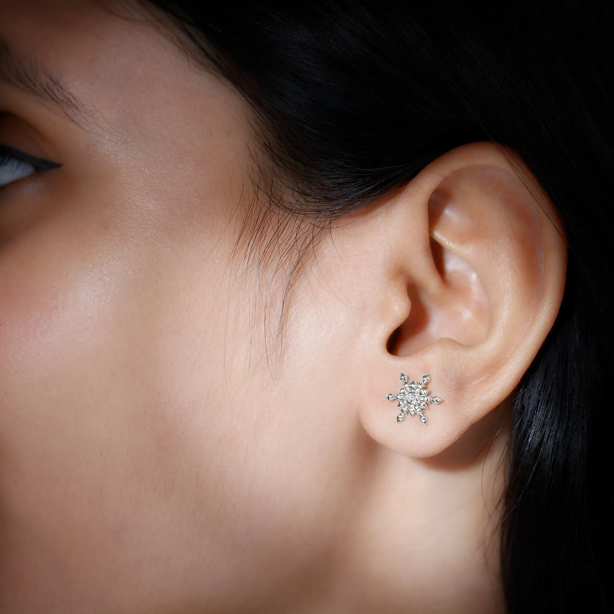 Snowflake Stud Earrings with Bezel Set Diamond