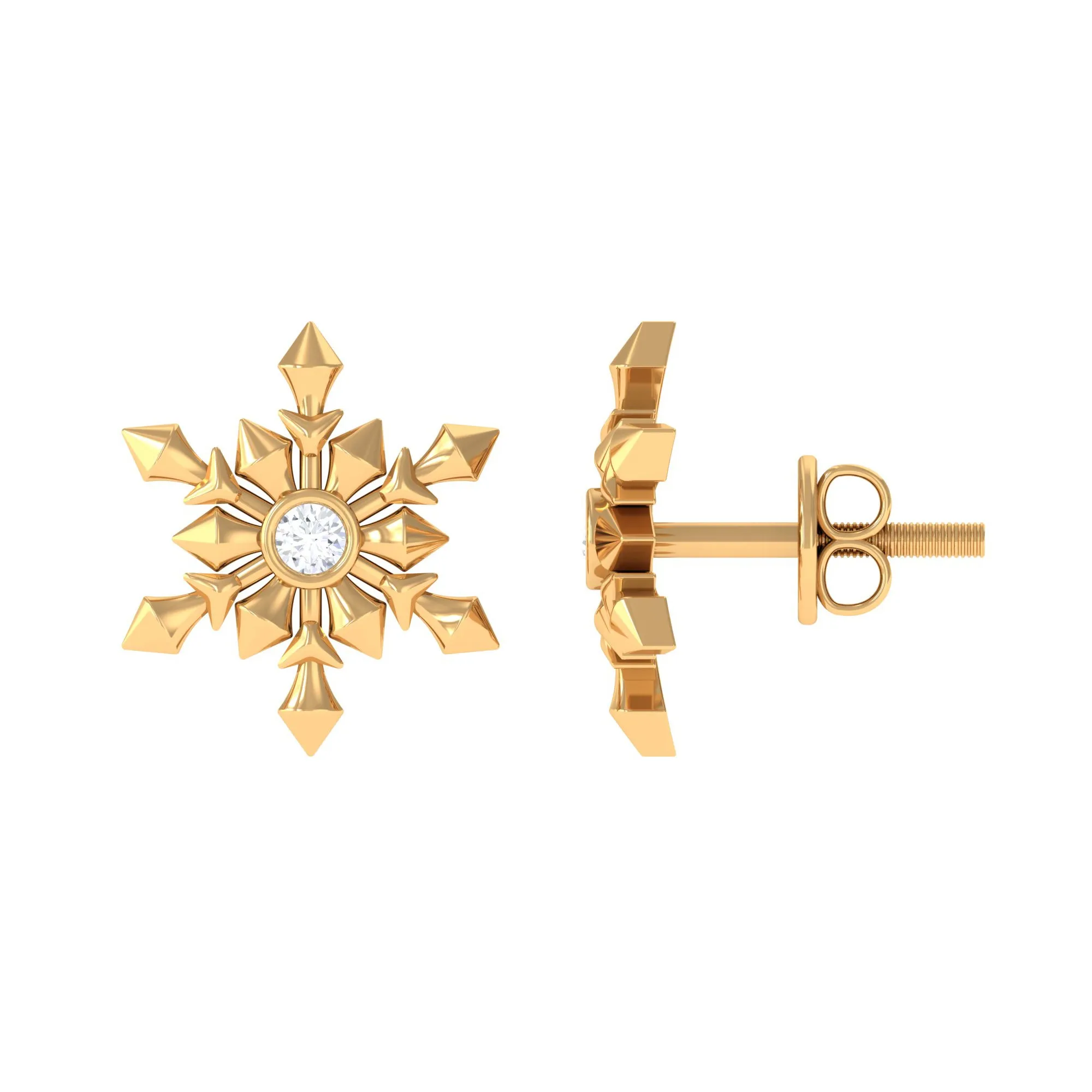 Snowflake Stud Earrings with Bezel Set Diamond