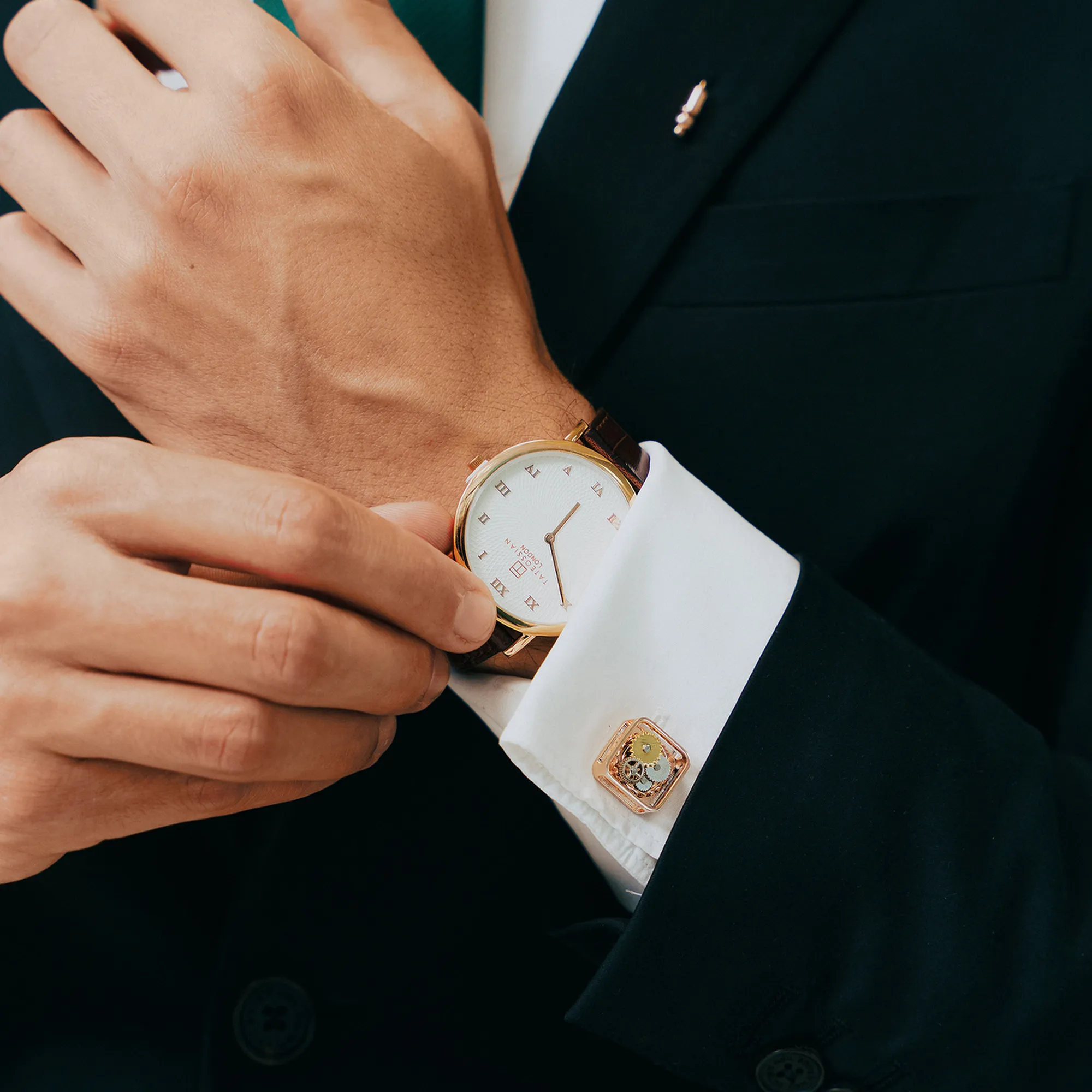 Square Gear cufflinks in rose gold plated stainless steel - Tateossian