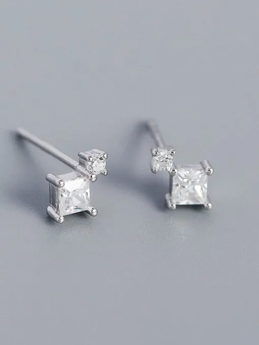 Square Round Tiny Stud Earrings, .925 Sterling Silver Cubic Zirconia Dainty Cartilage Stud Earrings