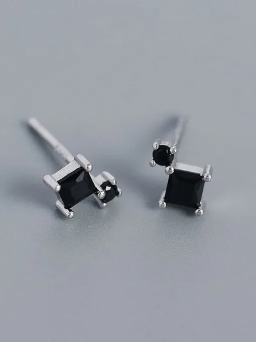 Square Round Tiny Stud Earrings, .925 Sterling Silver Cubic Zirconia Dainty Cartilage Stud Earrings