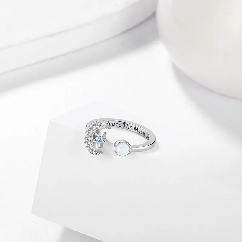 Star and Moon Rings Opal Crescent Moon Statement Ring Gifts for Women Girls Sterling Silver