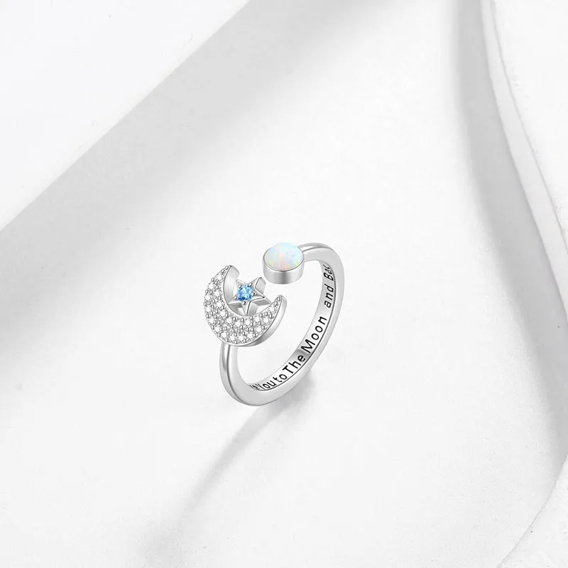 Star and Moon Rings Opal Crescent Moon Statement Ring Gifts for Women Girls Sterling Silver