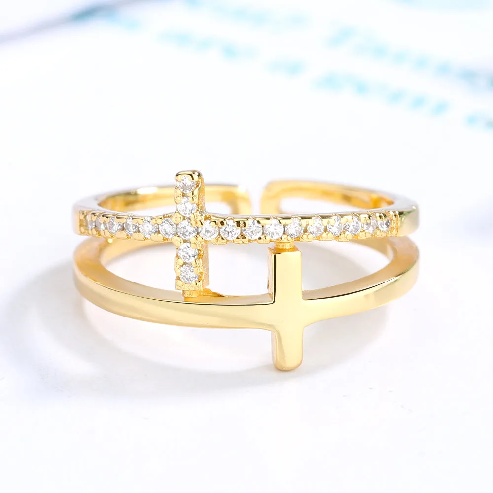 Sterling Silver, 18k Gold, or Rose Gold Sideways Adjustable Cross Ring